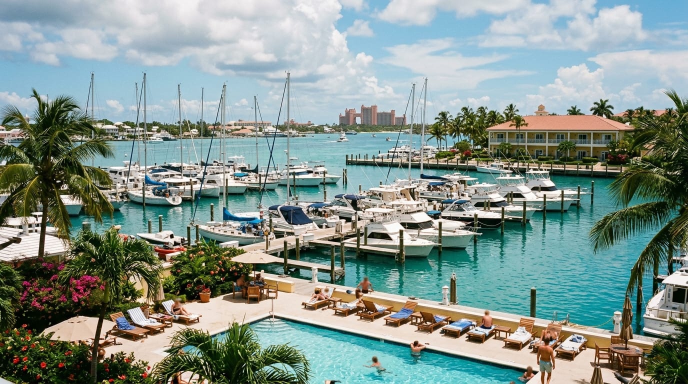Nassau Harbour Club Marina with boats at dock, pool area, and hotel building on East Bay Street