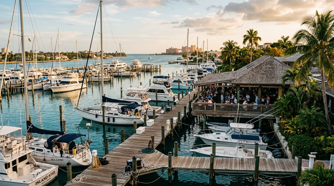 Nassau Yacht Haven marina with yachts at dock and the Poop Deck Restaurant waterfront terrace on East Bay Street