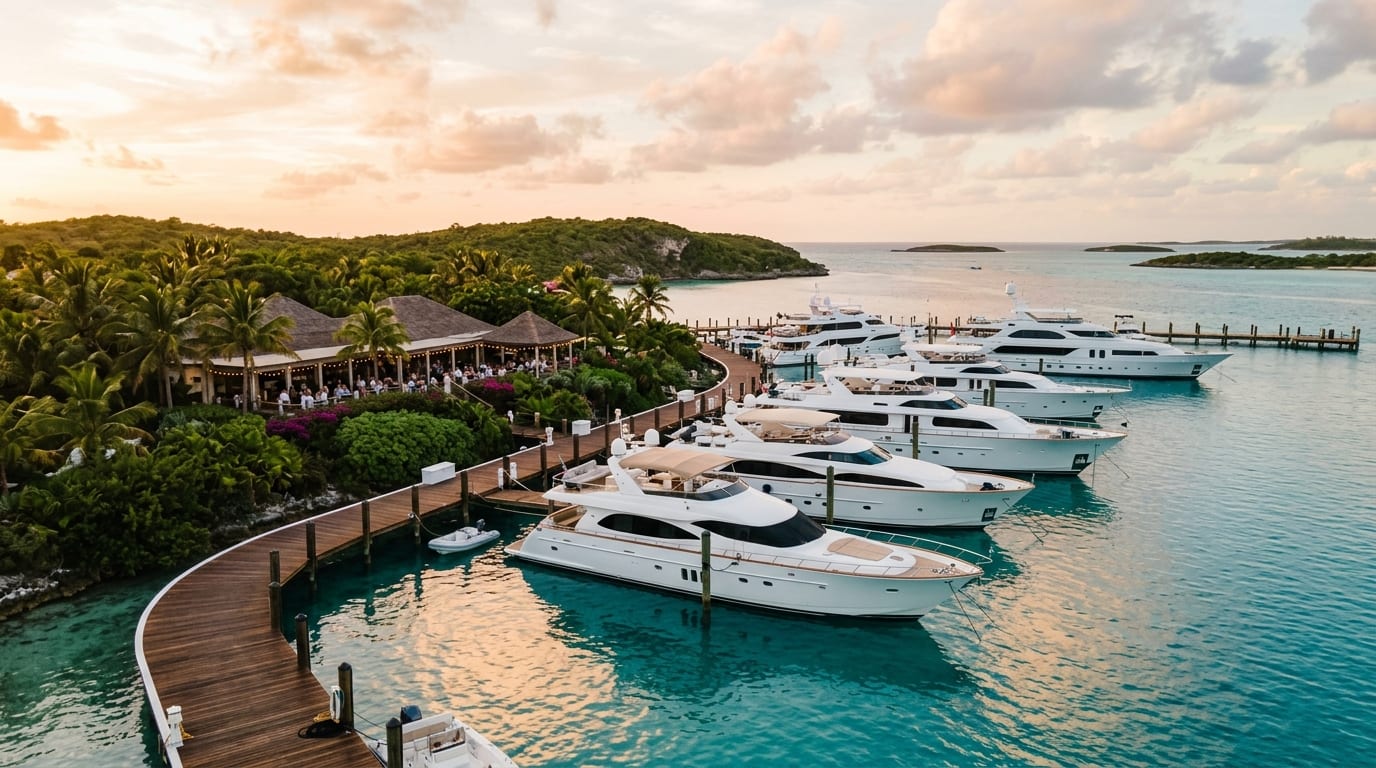Norman's Cay Marina with megayachts at Brazilian Ipe wood docks, crystal clear Exuma water, and tropical island vegetation