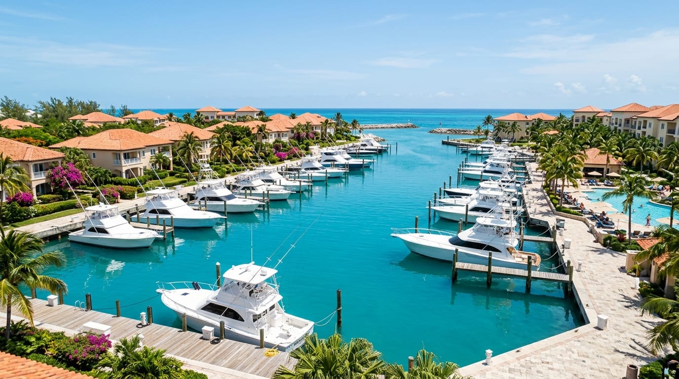 Ocean Reef Yacht Club Marina showing boats docked in a protected basin surrounded by resort condominiums and palm trees