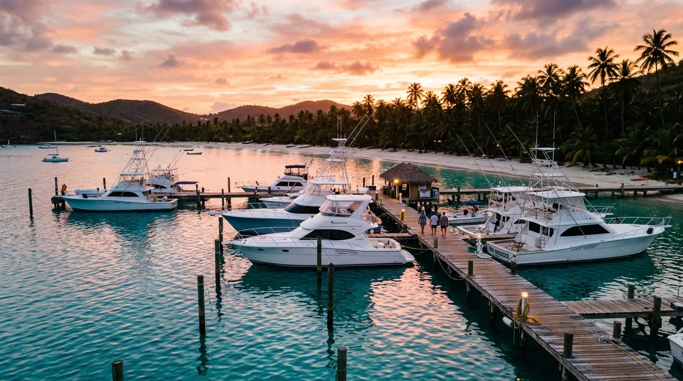 Old Bahama Bay Marina at sunset with sport fishing boats and cruisers docked along the piers and the West End beach visible beyond