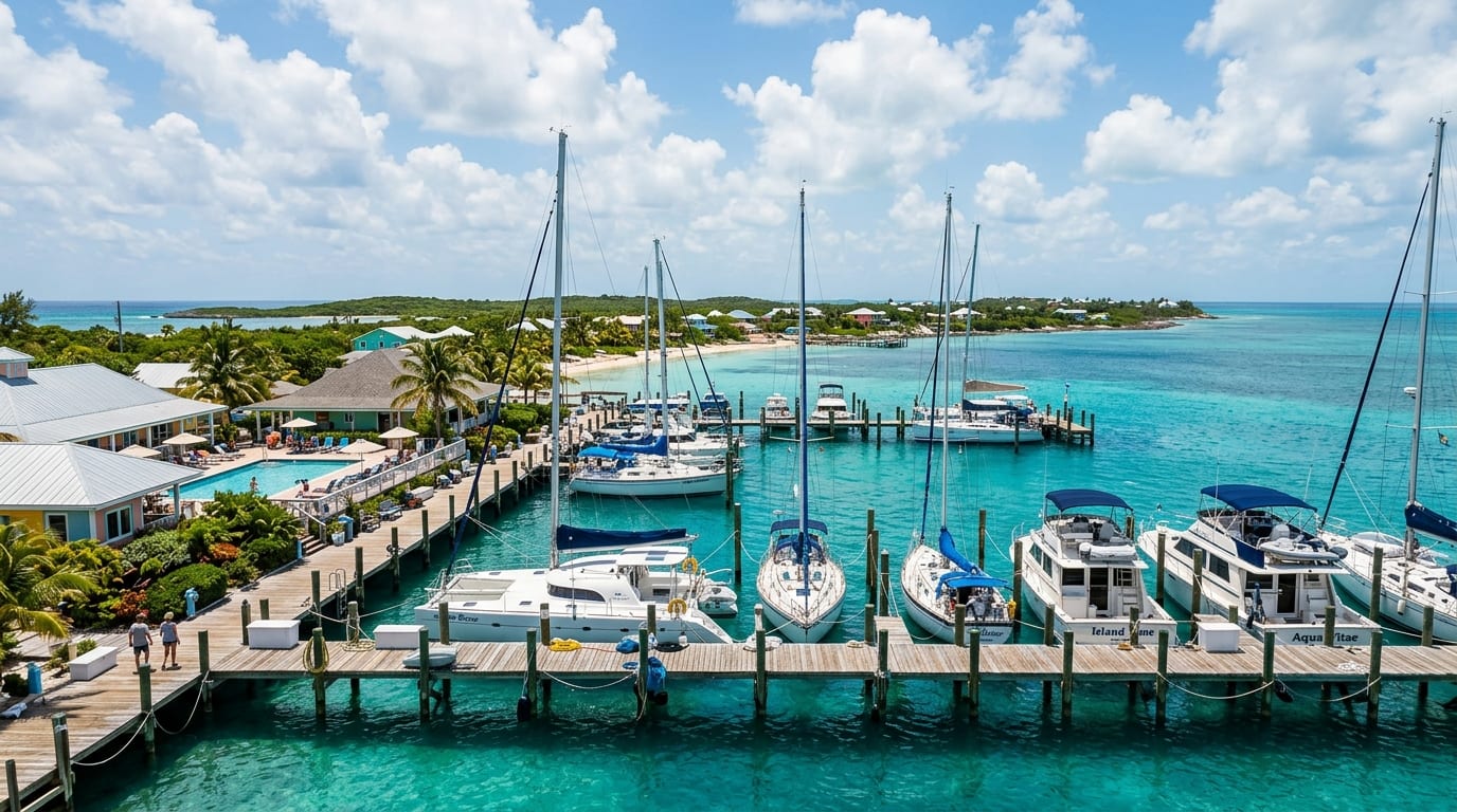 Orchid Bay Marina on Great Guana Cay with yachts at dock and turquoise Sea of Abaco waters stretching to the horizon