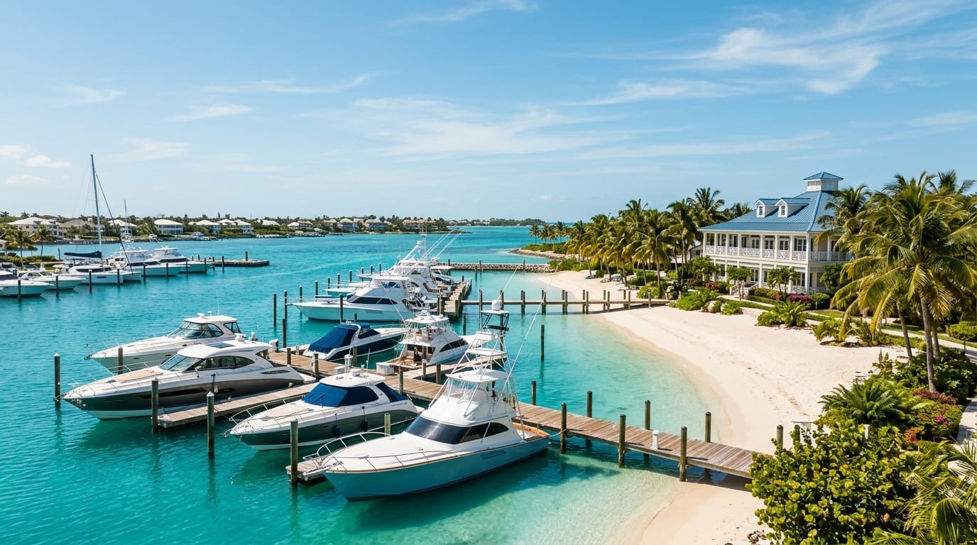 Palm Cay Marina with yachts at dock, private beach, and resort-style clubhouse in Nassau's southeastern shore