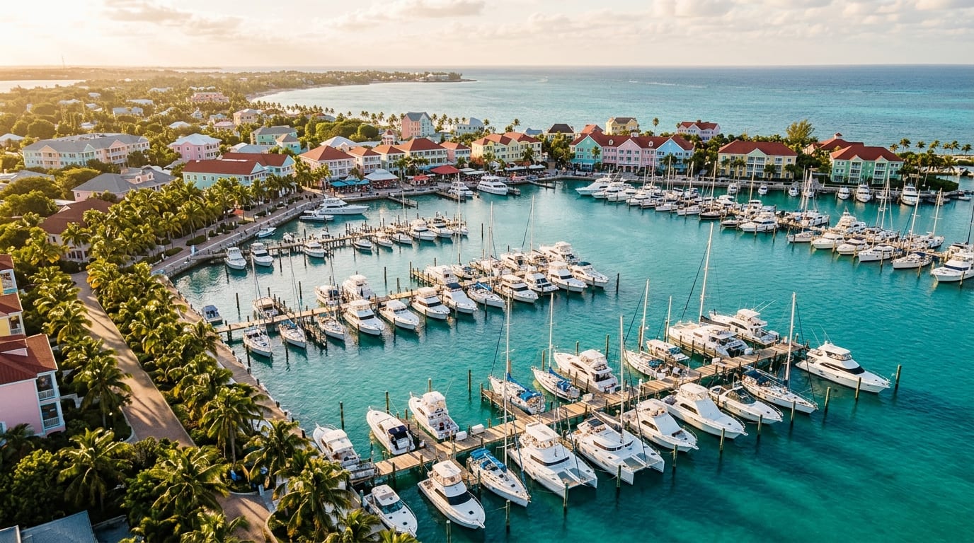 Aerial view of Port Lucaya Marina with yachts docked along wooden piers and the colorful Port Lucaya Marketplace buildings visible in the background