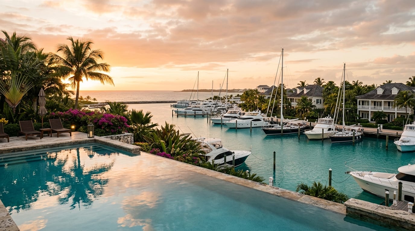 Romora Bay Resort & Marina with yachts at dock and infinity pool overlooking Harbour Island harbour