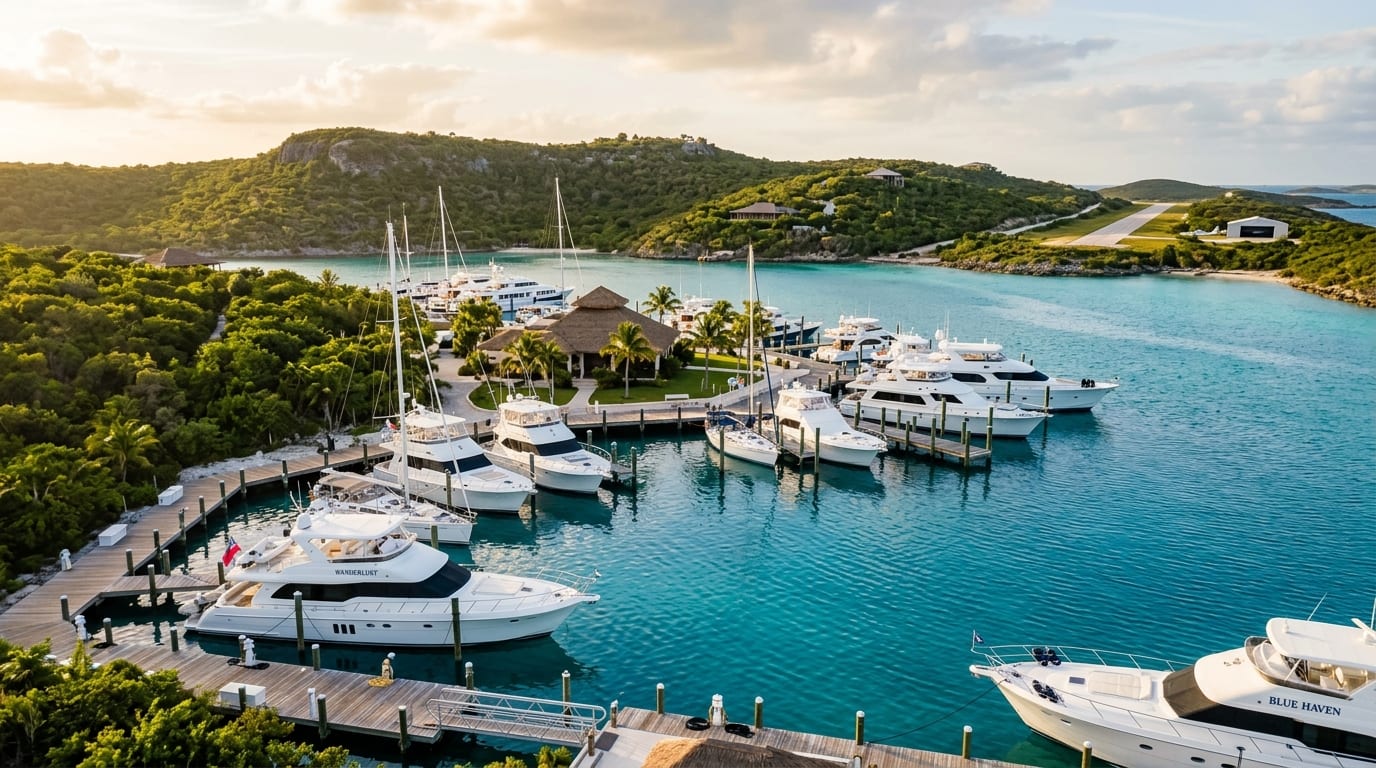Safe Harbour Marina at Cave Cay with yachts at floating docks, private island vegetation, and turquoise Exuma Cays water