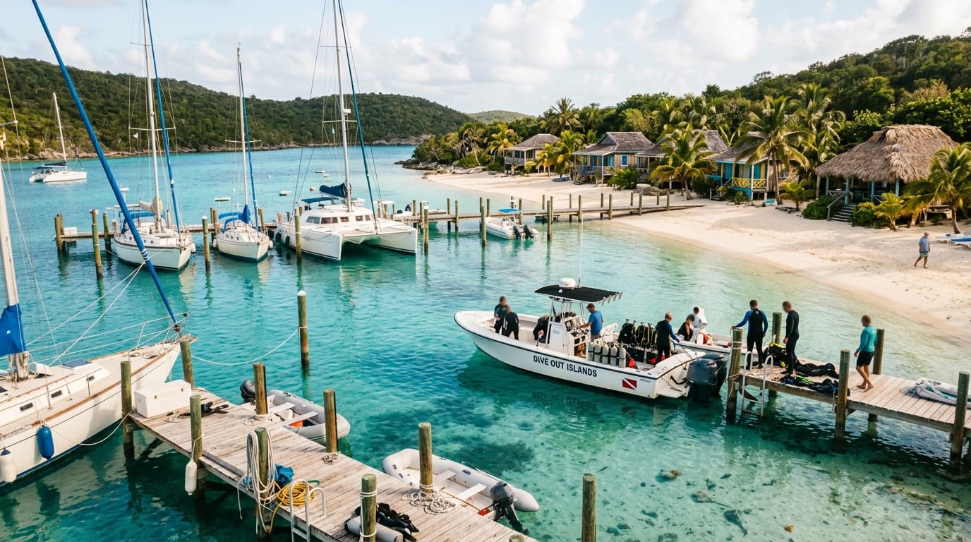 Saint Francis Resort & Marina with boats at dock in a protected Stocking Island cove, white sand beach and bungalows visible