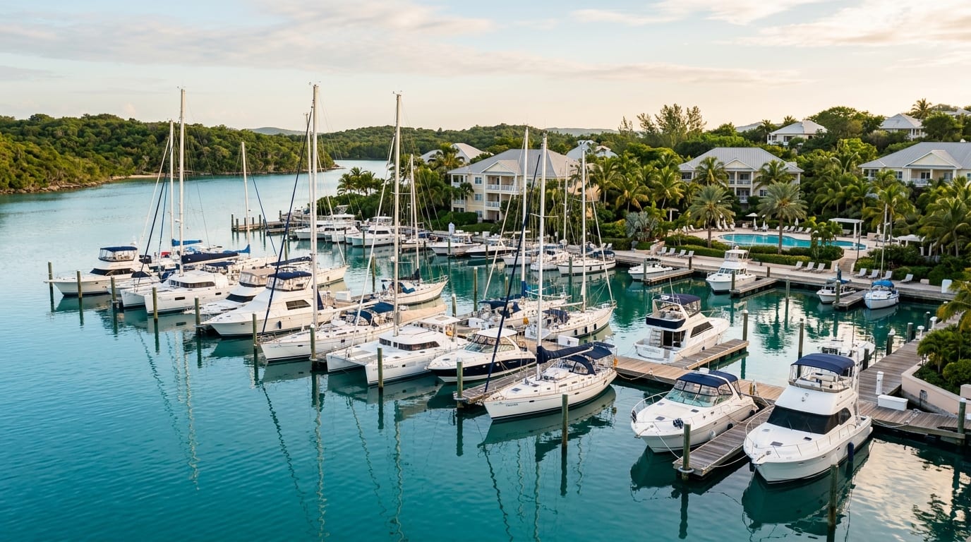 Sea Spray Marina with sailing yachts at dock in the protected waters of White Sound on Elbow Cay with resort buildings visible