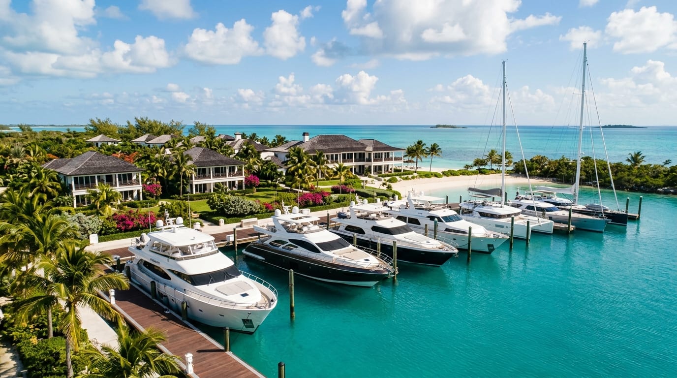 Spanish Cay Marina with yachts at dock on a private Bahamian island with resort buildings and palm trees in the background