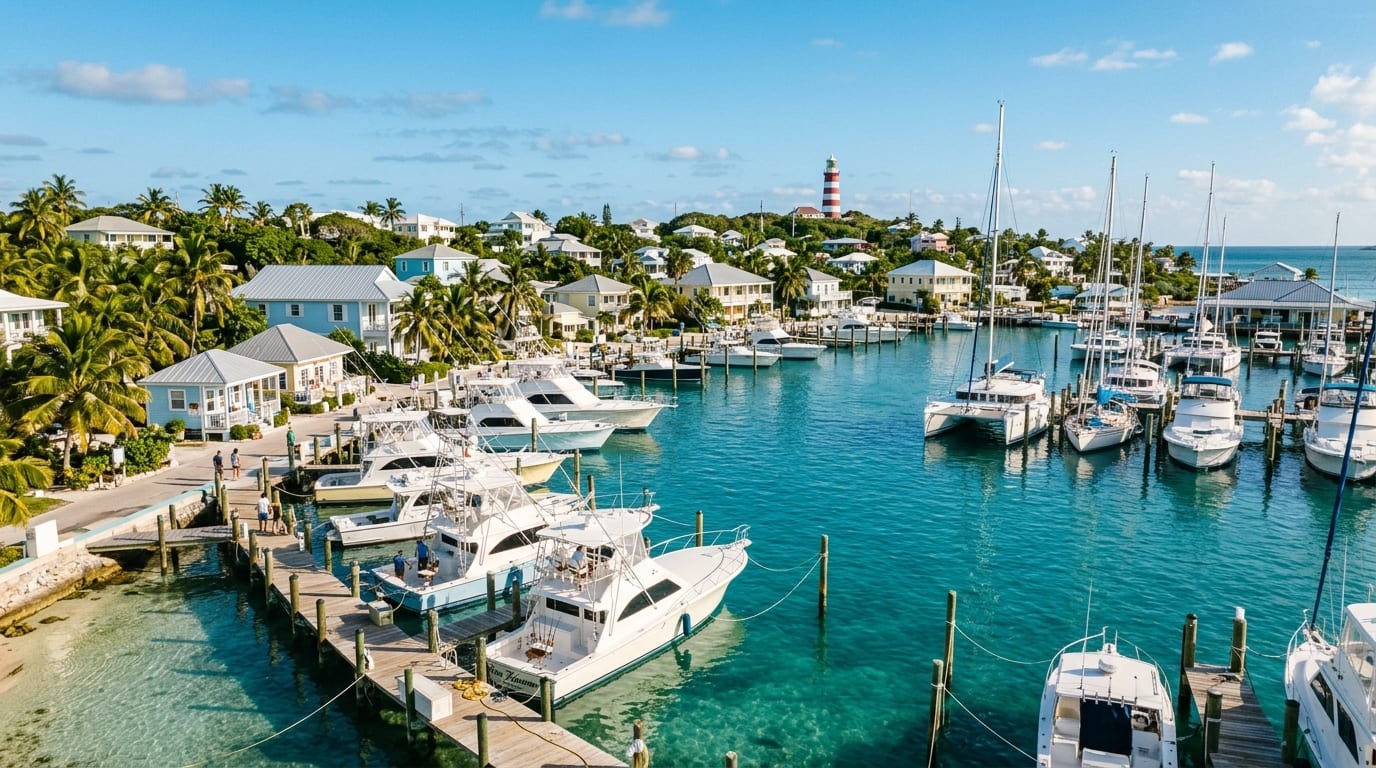 Spanish Wells Yacht Haven marina with fishing boats and pleasure craft moored in the protected harbour, Eleuthera Bahamas