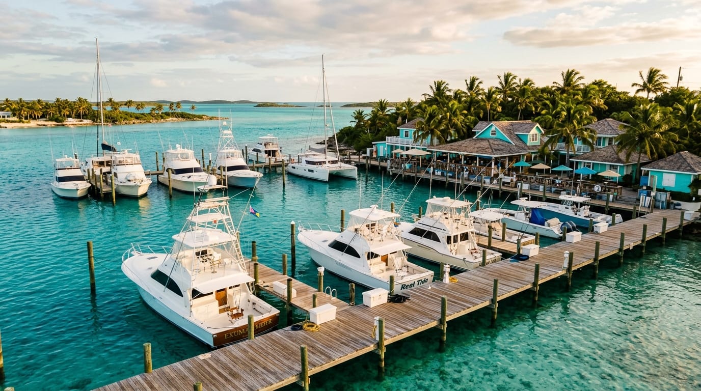 Staniel Cay Yacht Club Marina with yachts at floating docks, turquoise Exuma Cays water, and palm trees on the shoreline