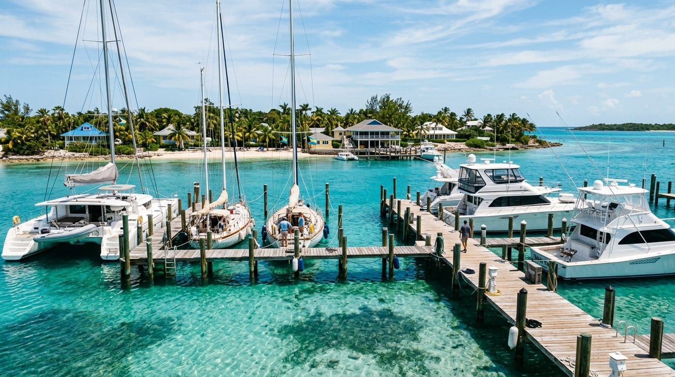 Staniel Cay Yacht Club marina with yachts at dock, turquoise Exuma waters, and tropical island backdrop