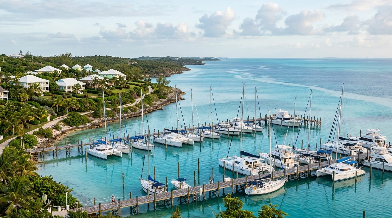 Stella Maris Marina with boats docked along the sheltered western shore of Long Island, Bahamas, resort buildings visible on the hillside