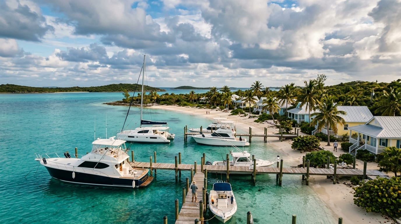 Sumner Point Marina with sportfishing boats at dock on Rum Cay, beachfront cottages and turquoise St. George's Bay beyond