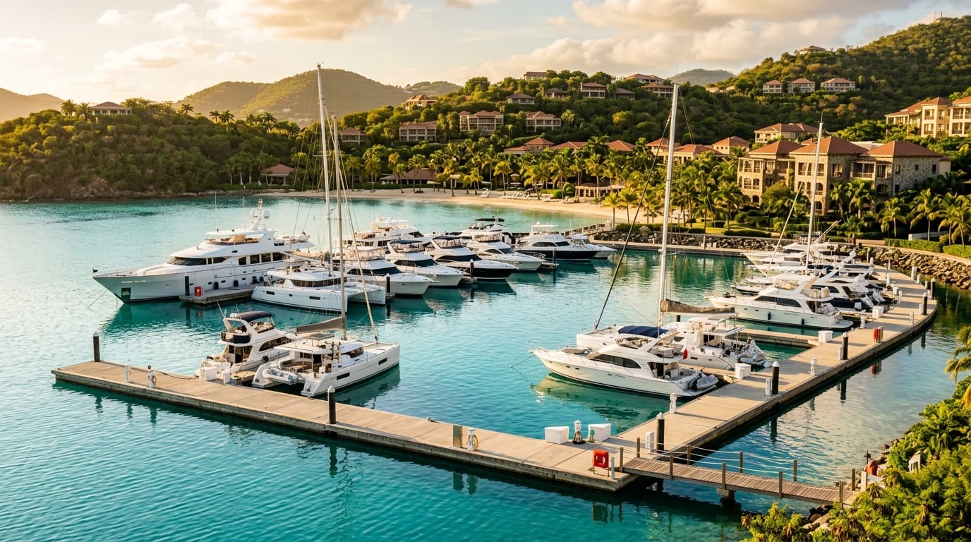 Valentines Resort & Marina docks with yachts and sailboats in the protected Harbour Island harbour, Bahamas