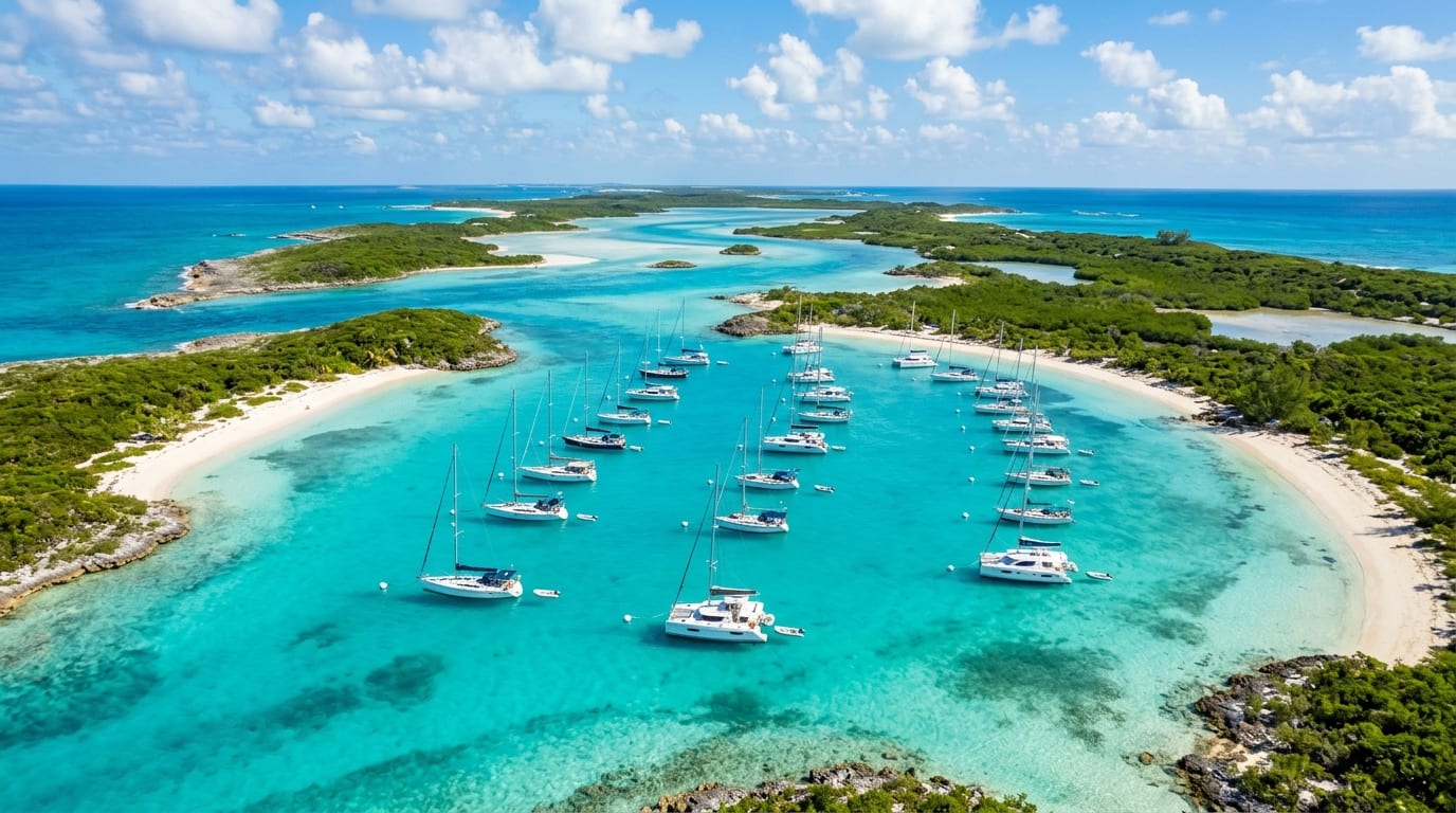 Warderick Wells mooring field with boats on turquoise water surrounded by low green cays in Exuma Land and Sea Park