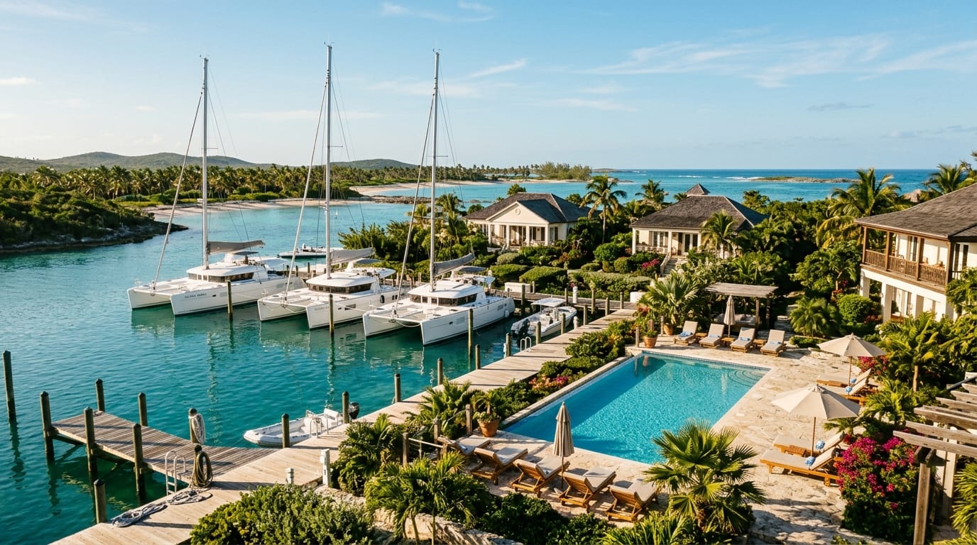 Xquisite Catamaran Center showing catamarans docked at the marina with the heated pool and resort buildings visible behind
